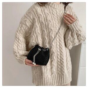 2/$30 Black Sequin Leather Bucket Bag Pearl Chain Crossbody Shoulder Tassel